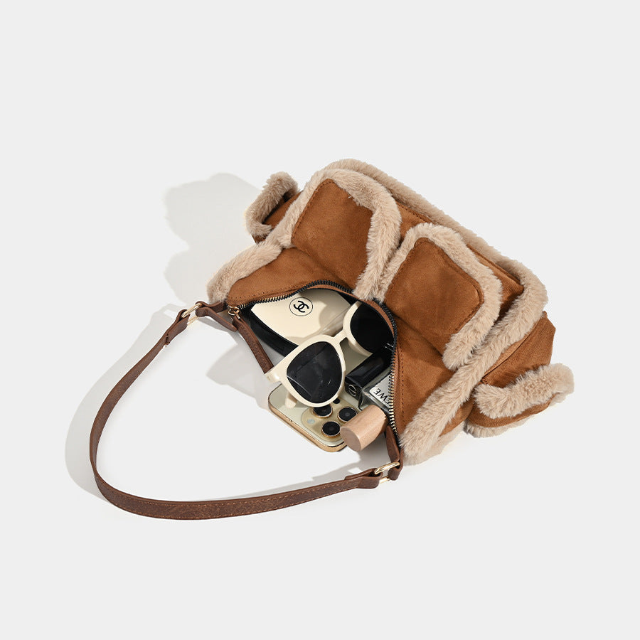 Cozy Faux Fur Shoulder Bag – 2024 Fall/Winter Multi-Pocket Vintage Underarm Bag