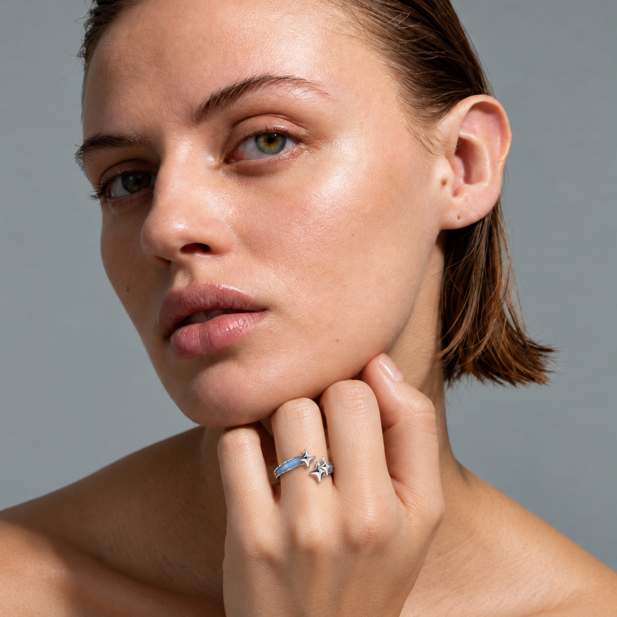 Blue star ring in a fashion portrait