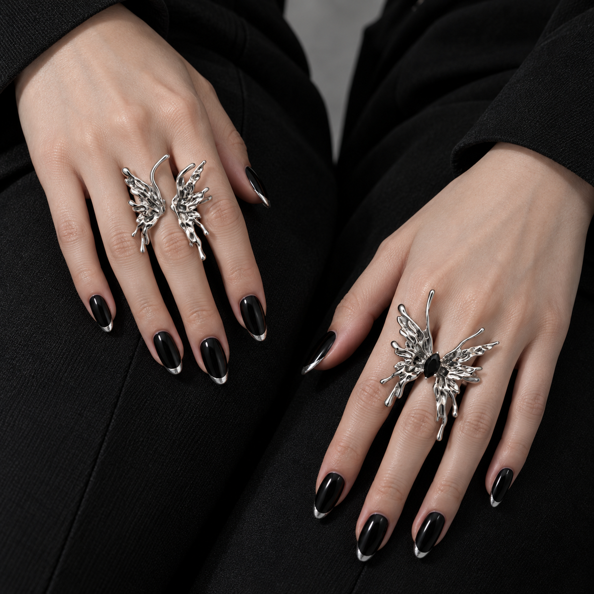 Two flame butterfly ring styles worn on hands