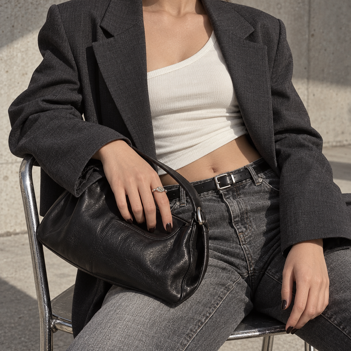 Organic wrapped stone ring styled with oversized blazer