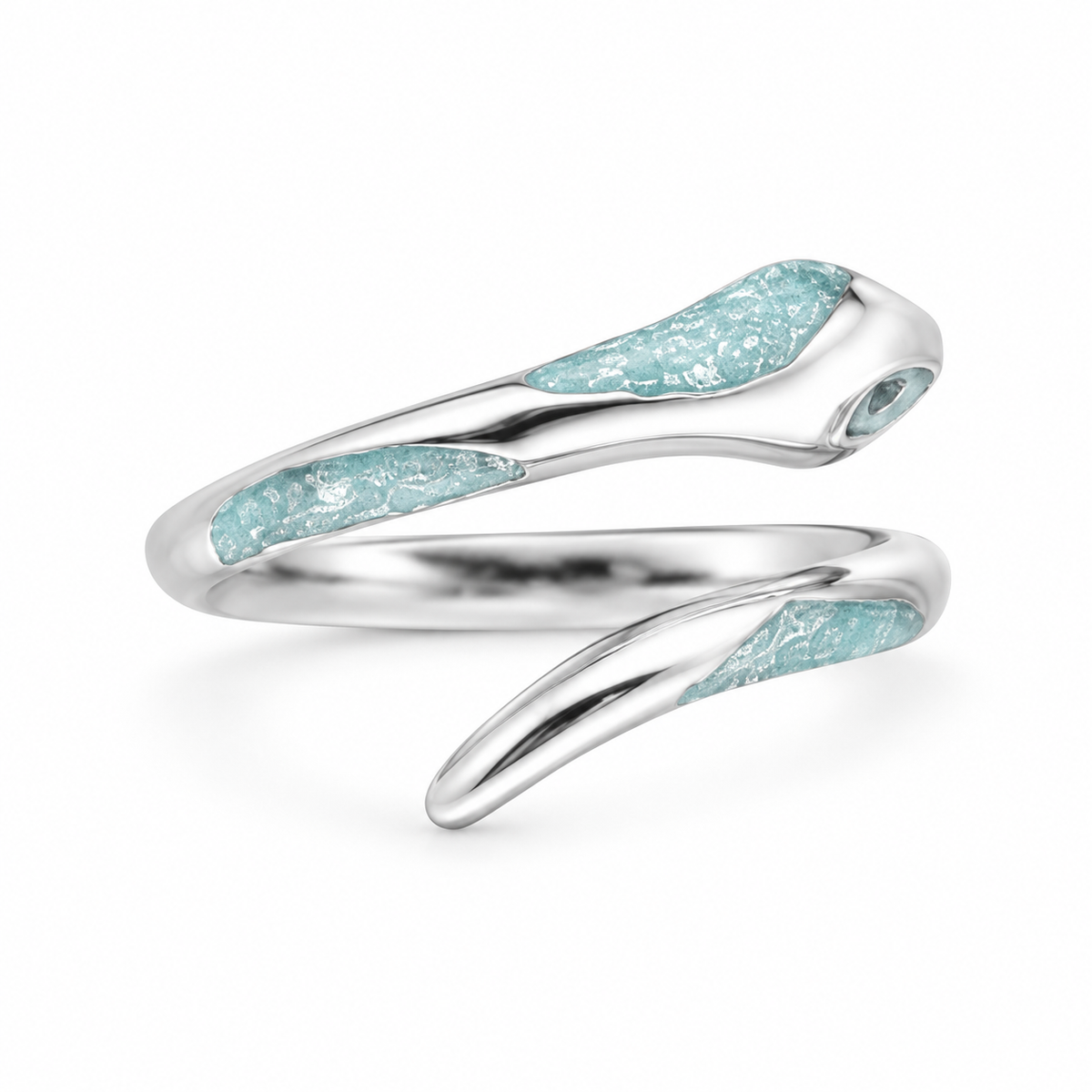 Simple coil silver-tone snake ring with pale blue texture