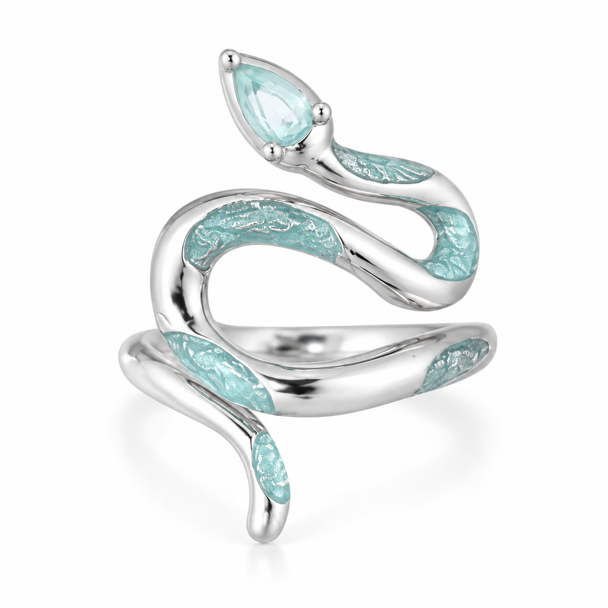 Tall snake ring with a pale blue teardrop head