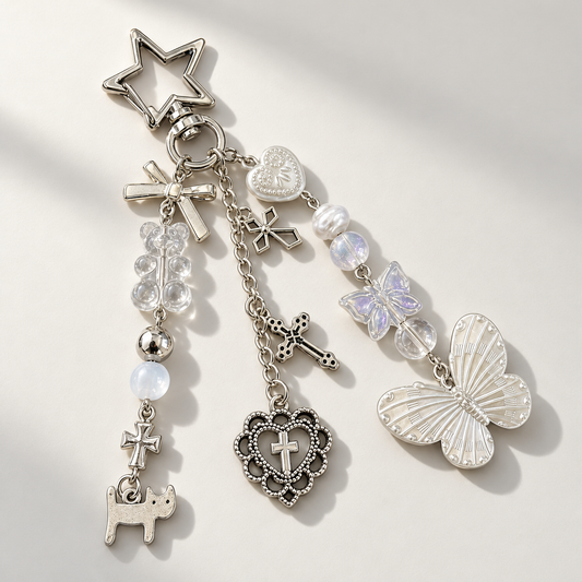 Butterfly and star charm keychain on a light background