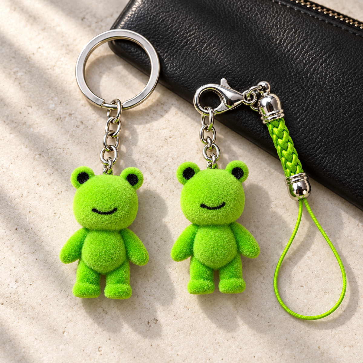 Green frog keyring and strap charm styles together