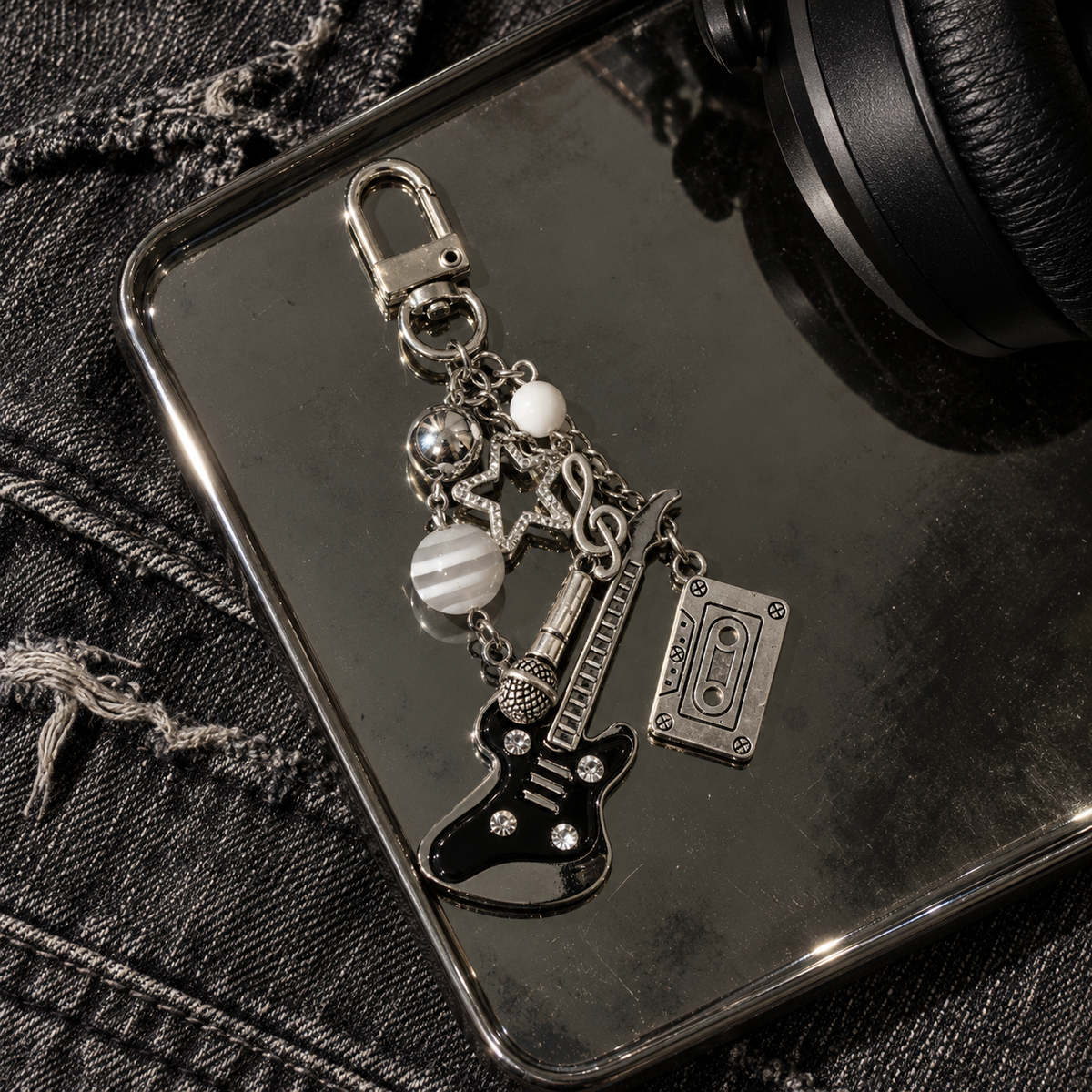Silver guitar music charm keychain