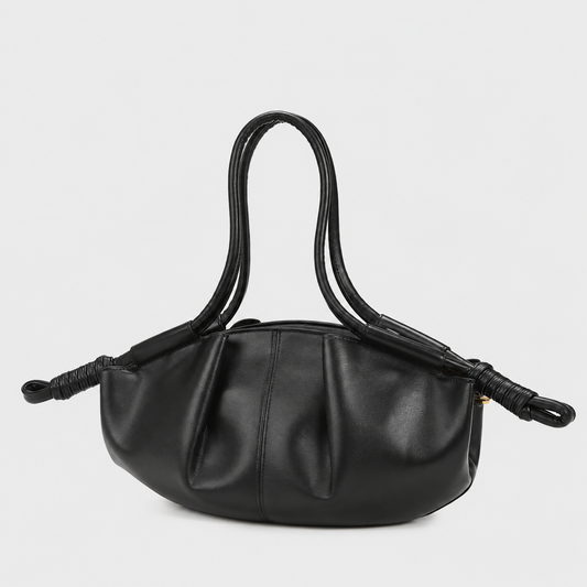 black front pleated shoulder bag with wrapped side details