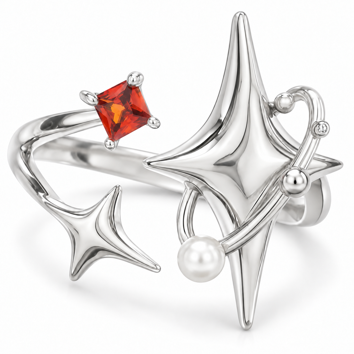 Silver-tone orbital pearl ring with a smooth four-point star and red square stone on white