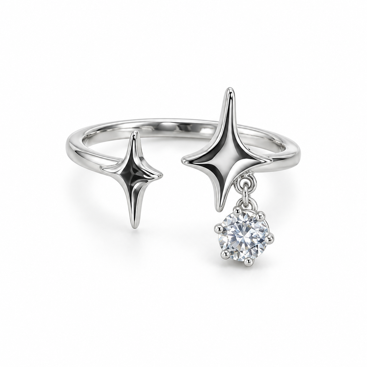 Silver-tone double star ring with a dangling clear stone on white background