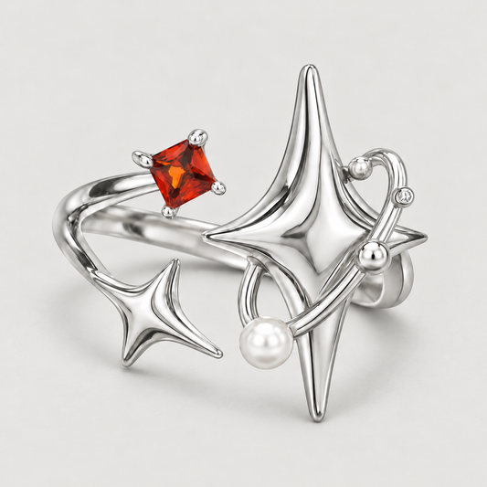 Red Celestial Star Ring on a warm grey background