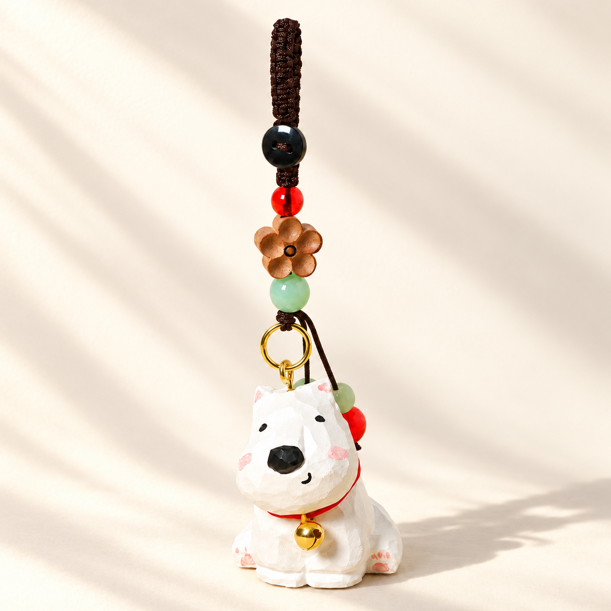 White Dog wooden charm on ivory background